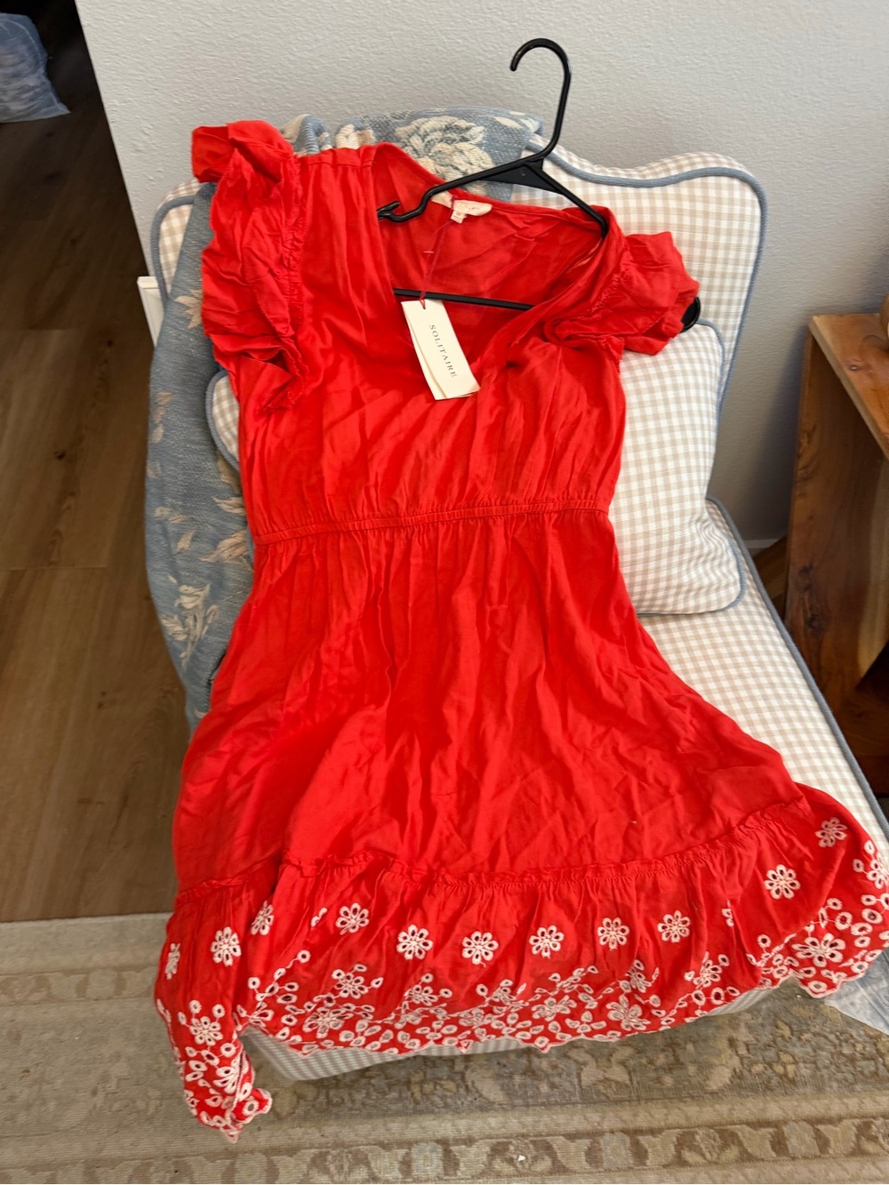 NWT Solitaire Red Midi Dress with White Embroidered Hem